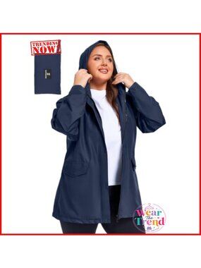 Plus Size Packable Waterproof Rain Jacket Mesh Lined Hooded Anorak